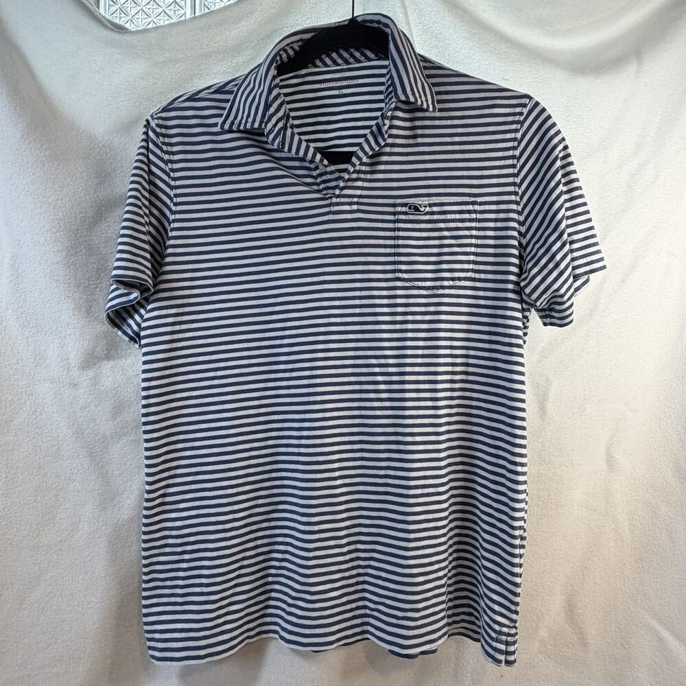 Vineyard Vines Polo Boys XL 18 Navy White Striped Pima Cotton Pocket Edgartown